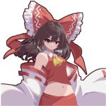  1girl armpit_crease ascot bow brown_eyes brown_hair collared_shirt edz_drawz frilled_bow frilled_hair_tubes frills hair_bow hair_tubes hakurei_reimu looking_at_viewer looking_down medium_hair midriff navel pixel_art red_bow red_shirt red_skirt red_vest ribbon-trimmed_sleeves ribbon_trim shirt simple_background skirt sleeveless sleeveless_shirt solo touhou vest white_background white_sleeves wide_sleeves yellow_ascot 