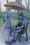  2girls absurdres animal_ears animal_on_lap bag bench black_hair brown_footwear brown_hair cat cat_on_lap hair_between_eyes hairband highres holding holding_umbrella horse_ears horse_girl horse_tail long_hair looking_at_another manhattan_cafe_(umamusume) multiple_girls on_lap outdoors purple_shirt purple_skirt rain school_bag school_uniform shirt shoes short_hair sitting skirt standing subaru_(user_tmwv7722) tail tail_through_clothes thigh-highs tracen_school_uniform tree umamusume umbrella wet wet_clothes wet_hair yukino_bijin_(umamusume) 