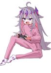  1girl absurdres ahoge controller crown game_controller gem highres holding holding_controller holding_game_controller hololive hololive_english jadea5124 koseki_bijou long_hair pink_hair pink_sweater playing_games purple_gemstone purple_hair simple_background sitting socks solo sweater v-shaped_eyebrows very_long_hair violet_eyes virtual_youtuber white_background white_socks 