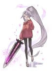  1girl absurdres black_pantyhose bug butterfly full_body greatsword hair_flaps hand_up high_ponytail highres holding holding_sword holding_weapon hololive hololive_english koseki_bijou long_hair looking_at_viewer pantyhose purple_hair red_sweater sidelocks simple_background solo standing sweater sword trustyskittles very_long_hair violet_eyes virtual_youtuber weapon white_background 