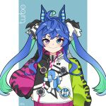  1girl @_@ ahoge animal_ears aqua_background aqua_hair artist_name blue_eyes blue_hair bow closed_mouth commentary crossed_bangs drawstring hair_bow halftone hand_on_own_hip heterochromia highres hood hoodie horse_ears horse_girl hrna long_hair long_sleeves looking_at_viewer multicolored_clothes multicolored_hair multicolored_hoodie sidelocks signature smile solo straight-on striped striped_bow stuffed_animal stuffed_rabbit stuffed_toy twin_turbo_(umamusume) twintails two-tone_hair umamusume upper_body violet_eyes 