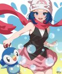  1girl :d absurdres beanie black_shirt blue_eyes blue_hair bracelet commentary_request eyelashes floating_scarf hair_ornament hairclip hat highres hikari_(pokemon) holding holding_poke_ball jewelry looking_at_viewer mototaku open_mouth pink_scarf pink_skirt piplup poke_ball poke_ball_(basic) pokemon pokemon_(creature) pokemon_dppt scarf shirt sidelocks skirt sleeveless sleeveless_shirt smile teeth tongue upper_teeth_only white_headwear 
