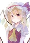 1girl ascot blonde_hair closed_mouth collared_shirt flandre_scarlet hat hat_ribbon highres looking_at_viewer medium_hair mob_cap multicolored_wings puffy_short_sleeves puffy_sleeves red_eyes red_ribbon red_vest ribbon shirt short_sleeves simple_background solo touhou upper_body vest violet_(mesy4285) white_background white_headwear white_shirt wings yellow_ascot 