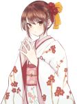  1girl blush brown_eyes brown_hair commentary_request floral_print highres imabottinow japanese_clothes kimono long_sleeves looking_at_viewer parted_lips print_kimono simple_background solo steepled_fingers suzumiya_haruhi suzumiya_haruhi_no_yuuutsu white_background white_kimono white_sleeves 