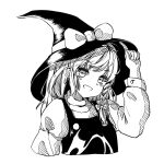  1girl bow braid cropped_torso greyscale hand_on_headwear hat hat_bow hat_ribbon head_tilt kirisame_marisa kourou_(kouroukun) large_hat long_hair long_sleeves looking_at_viewer monochrome ribbon simple_background single_braid smile solo touhou turtleneck upper_body vest witch_hat 