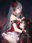  2girls black_gloves cleavage_cutout closed_mouth clothing_cutout dress eyeliner fang fingerless_gloves flower fu_hua fu_hua_(blood_voivode) fu_hua_(herrscher_of_sentience) fu_hua_(shadow_knight) fu_hua_(turn_up_the_music!)_(herrscher_of_sentience) gloves grey_hair hair_between_eyes hair_flower hair_ornament high_ponytail highres honkai_(series) honkai_impact_3rd light_smile long_hair long_sleeves looking_at_viewer makeup mangzhi_yaoyao multicolored_hair multiple_girls official_alternate_costume on_head open_mouth ponytail red_dress red_eyeliner red_eyes red_flower rose skirt sleeveless sleeveless_dress streaked_hair thigh-highs vampire white_hair white_skirt white_thighhighs yellow_pupils 
