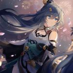  1girl bare_shoulders bird_hair_ornament blue_eyes blue_hair cherry_blossoms china_dress chinese_clothes cleavage_cutout closed_mouth clothing_cutout detached_sleeves dress earrings fireworks flower fu_hua fu_hua_(azure_empyrea) grey_hair hair_ornament hair_over_one_eye hairpin hanfu high_ponytail highres honkai_(series) honkai_impact_3rd jewelry light_smile long_hair mangzhi_yaoyao night paintbrush paintbrush_hair_ornament pink_flower pleated_sleeves ponytail shoulder_cutout single_earring solo tassel tassel_earrings upper_body very_long_hair white_dress wide_sleeves yin_yang 