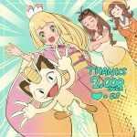  3girls :3 :o alola_mother alternate_costume antenna_hair blonde_hair blush braid brown_hair closed_eyes closed_mouth crossed_arms eyelashes eyewear_on_head green_eyes hair_behind_ear hair_ornament hat highres japanese_clothes kimono kinocopro lillie_(pokemon) long_hair meowth milestone_celebration mother_and_daughter multiple_girls open_mouth pink_kimono pokemon pokemon_(creature) pokemon_sm ponytail sash selene_(pokemon) shirt short_sleeves sidelocks skirt smile sunglasses sweatdrop thank_you twin_braids yellow_sash yellow_skirt 