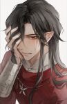  1boy absurdres bishounen black_hair blood blood_on_hands butterfly_necklace chinese_clothes highres hua_cheng long_hair long_sleeves male_focus pointy_ears red_eyes red_hanfu tianguan_cifu very_long_hair young57440489 