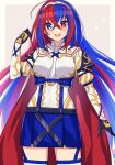  1girl alear_(female)_(fire_emblem) alear_(fire_emblem) armor blue_eyes blue_hair blush braid breasts crossed_bangs crown_braid fire_emblem fire_emblem_engage gloves hair_between_eyes hand_up heterochromia highres long_hair looking_at_viewer medium_breasts multicolored_hair open_mouth red_eyes redhead shinae smile solo split-color_hair teeth tiara two-tone_hair upper_teeth_only very_long_hair 