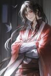  1boy absurdres bishounen black_hair bug butterfly chinese_clothes highres hua_cheng long_hair long_sleeves male_focus orange_eyes red_hanfu red_robe robe tianguan_cifu very_long_hair white_butterfly wide_sleeves young57440489 