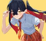  1girl black_hair blush carmine_(pokemon) collared_shirt colored_inner_hair crossed_bangs eyelashes flat_chest hair_between_eyes hairband long_hair looking_at_viewer mole mole_under_eye multicolored_hair naranja_academy_school_uniform necktie orange_necktie orange_shorts pokemon pokemon_sv redhead school_uniform shirt shorts shrimp_pkm simple_background smile solo striped striped_shorts two-tone_hair yellow_eyes yellow_hairband 