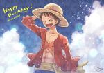  1boy ^_^ abs aco_peda black_hair blue_shorts closed_eyes clouds commentary_request hand_on_headwear happy_birthday hat male_focus monkey_d._luffy one_piece open_clothes open_shirt red_shirt sash scar scar_on_chest shirt short_hair shorts sky smile solo straw_hat upper_body yellow_sash 
