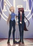  2girls :d animal_ears black_jacket black_pants blonde_hair blue_necktie blue_pants blush bowing brown_hair closed_eyes dog_ears dog_tail furen_e_lustario highres hitanu jacket long_hair long_sleeves microphone multiple_girls necktie nijisanji open_clothes open_jacket pants red_necktie red_vest shirt shoes smile tail twintails very_long_hair vest virtual_youtuber white_shirt 