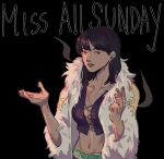  1girl aejooart black_background black_hair blunt_bangs cigarette coat commentary crop_top earrings english_commentary fur_coat highres holding holding_cigarette jewelry looking_at_viewer medium_hair nico_robin one_piece simple_background smile smoke solo upper_body white_coat 