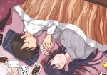  1boy 1girl black_hair blue_hair boku_no_kokoro_no_yabai_yatsu card clenched_teeth closed_eyes dark_blue_hair grey_sweater holding_hands ichikawa_kyoutarou kotatsu long_hair lying mizu_(izumi_0302_) on_back on_floor on_side playing_card short_hair sleeping sweater table teeth under_kotatsu under_table upper_body yamada_anna 