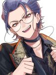  1boy choker collared_shirt double_thumbs_up eyewear_strap glasses highres hypnosis_mic jacket jewelry kishinaito looking_at_viewer male_focus necklace open_mouth pointing pointing_at_self purple_hair red_eyes round_eyewear shirt short_hair smile solo thumbs_up tsutsujimori_rosho upper_body v-shaped_eyebrows 