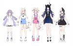  5girls animal_ears black_footwear black_hair black_skirt blonde_hair blue_dress blue_eyes blue_hair blue_socks closed_mouth colored_inner_hair dog_ears dog_tail dress full_body fuwawa_abyssgard highres holoadvent hololive hololive_english horns jacket koseki_bijou long_hair looking_at_viewer low_twintails mococo_abyssgard multicolored_hair multiple_girls nerissa_ravencroft ninomae_ina&#039;nis_(artist) official_alternate_costume official_alternate_hairstyle pink_eyes pink_footwear purple_jacket shiori_novella shoes simple_background skirt socks standing tail twintails two_side_up very_long_hair violet_eyes white_background white_socks yellow_eyes 