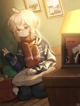  1girl acoustic_guitar blue_sweater box cheychan english_commentary gift gift_box girls_frontline grey_hair guitar hair_between_eyes highres ikea_shark instrument jewelry lamp looking_at_viewer m200_(girls&#039;_frontline) photo_(object) pillow print_sweater red_scarf ring scarf sidelocks sitting solo stuffed_animal stuffed_shark stuffed_toy sweater v violet_eyes wedding_ring wooden_floor 