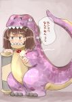  1girl animegao brown_eyes brown_hair commentary_request cosplay dinosaur_costume enjaku_izuku full_body highres kantai_collection kigurumi long_hair magatama ryuujou_(kancolle) solo teeth translation_request twintails tyrannosaurus_rex 