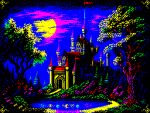  arch battlement blue_clouds border bridge building castle clouds cloudy_sky cross flag forest full_moon gate helpcomputer0 lake limited_palette medieval moon moonlight nature night no_humans original outdoors pink_sky pixel_art reflection reflective_water scenery sky tree yellow_moon 