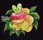  animal_focus apple applin artist_name black_background black_eyes commentary food fruit leaf no_humans plant pokemon pokemon_(creature) simple_background twitter_username worm zuccnini 