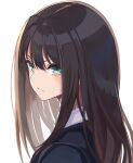  1girl black_jacket blush brown_hair closed_mouth earrings from_side green_eyes idashige_(walkietalkie) idolmaster idolmaster_cinderella_girls idolmaster_cinderella_girls_starlight_stage jacket jewelry long_hair looking_at_viewer portrait school_uniform shibuya_rin shirt simple_background solo white_background white_shirt 