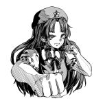  1girl beret braid breasts clenched_hands collared_shirt cropped_torso fighting_stance frilled_sleeves frills greyscale hat hat_ornament hong_meiling kourou_(kouroukun) long_hair looking_at_viewer monochrome neck_ribbon puffy_short_sleeves puffy_sleeves ribbon shirt short_sleeves simple_background small_breasts solo star_(symbol) star_hat_ornament touhou twin_braids upper_body vest 