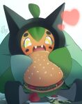  absurdres burger checkered_floor commentary eating fangs food heart highres hitoridoodles holding holding_food lettuce looking_down ogerpon open_mouth pickle pokemon pokemon_(creature) signature sitting solo sparkle star-shaped_pupils star_(symbol) symbol-shaped_pupils tomato tomato_slice yellow_eyes 