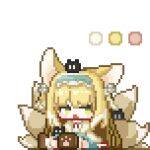  ... 1girl animal_ears animated animated_gif arknights blonde_hair blue_hairband blue_skirt chibi crossover fox_ears fox_girl fox_tail green_eyes hairband heixiu kitsune kyuubi luo_xiaohei_zhanji multiple_tails official_alternate_costume pixel_art sitting skirt solo suzuran_(arknights) suzuran_(spring_praise)_(arknights) tail zhongdu_mao_rong_yilai_zheng 