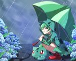  1girl 1other blue_flower boots bulbasaur check_flower closed_mouth clouds cloudy_sky commentary_request creature_and_personification flower green_hair green_raincoat green_skirt green_umbrella hair_between_eyes hair_ornament highres holding holding_umbrella hydrangea kuroishiro light_smile long_sleeves lying on_stomach outdoors personification pokemon pokemon_(creature) rain raincoat red_eyes red_footwear rubber_boots short_hair sidelocks skirt sky squatting umbrella x_hair_ornament 
