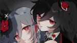  2girls black_shirt blush choker eyeliner flower fu_hua fu_hua_(blood_voivode) fu_hua_(herrscher_of_sentience) fu_hua_(shadow_knight) fu_hua_(turn_up_the_music!)_(herrscher_of_sentience) grey_hair hair_between_eyes hair_flower hair_ornament high_ponytail honkai_(series) honkai_impact_3rd long_hair makeup mangzhi_yaoyao multicolored_hair multiple_girls official_alternate_costume on_head parted_lips ponytail red_eyeliner red_eyes red_flower redhead rose shirt streaked_hair vampire white_hair yellow_pupils yuri 