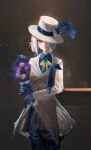  1girl absurdres blue_gloves blue_pants blue_shirt bouquet breasts brown_background coat collared_shirt cowboy_shot eugle_na flower gloves grey_eyes grey_hair hat hat_feather hat_over_one_eye highres holding holding_bouquet long_sleeves looking_at_viewer neck_ribbon one_eye_covered pants purple_flower reverse:1999 ribbon shirt short_hair simple_background small_breasts solo top_hat vertin_(reverse:1999) white_coat white_headwear yellow_ribbon 