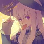  1girl black_headwear candy commentary_request fire_emblem fire_emblem:_three_houses food garreg_mach_monastery_uniform hair_between_eyes halloween happy_halloween hat index_finger_raised large_hat lollipop long_hair looking_at_viewer lowres lysithea_von_ordelia mouth_hold nerikiri6 sleeves_past_wrists smile solo uniform violet_eyes white_hair witch_hat yellow_background 