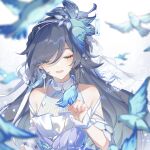  1girl bare_shoulders bird bird_hair_ornament bird_on_hand blue_bird blue_hair bride closed_eyes dress earrings fu_hua fu_hua_(azure_empyrea) fu_hua_(cerulean_court) grey_hair hair_ornament hair_over_one_eye halter_dress halterneck honkai_(series) honkai_impact_3rd jewelry long_hair mangzhi_yaoyao multicolored_clothes multicolored_dress official_alternate_costume on_head open_mouth sleeveless sleeveless_dress solo upper_body veil very_long_hair wedding_dress white_dress 