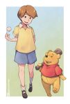  1boy :d animal baseball_(object) baseball_bat black_footwear blue_shorts brown_hair christopher_robin clothed_animal collared_shirt holding holding_baseball_bat kuromiya one-hour_drawing_challenge pooh red_shirt shirt shoes shorts smile socks solid_circle_eyes twitter_username walking white_socks winnie_the_pooh winnie_the_pooh&#039;s_home_run_derby yellow_shirt 