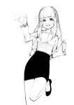  1girl :d absurdres black_footwear blunt_bangs grand_summoners high_heels highres liese_(grand_summoners) long_hair looking_at_viewer monochrome office_lady open_mouth pencil_skirt pumps puppuppa shirt sketch skirt smile solo 