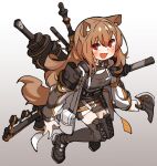  1girl amonitto animal_ear_fluff animal_ears arknights axe black_dress black_footwear blush boots breasts brown_hair ceobe_(arknights) coat dress fang holding holding_axe long_hair long_sleeves open_clothes open_coat open_mouth red_eyes shoes short_dress small_breasts smile solo sword tail thigh_boots weapon white_coat 