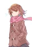  1girl black_skirt brown_coat brown_eyes brown_hair closed_mouth coat duffel_coat electricity hair_ornament hairpin hands_in_pockets hero_girl521 long_sleeves looking_ahead misaka_mikoto pink_scarf plaid plaid_skirt scarf short_hair skirt solo toaru_kagaku_no_railgun toaru_majutsu_no_index white_background 