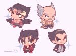  4boys :&lt; :3 balding black_eyes black_hair black_jacket black_pants brown_horns chain chest_tattoo chibi coat devil_jin facial_hair facial_mark forehead_jewel gloves grey_jacket grey_pants grey_shirt heterochromia horns jacket kazama_jin kotorai male_focus mishima_heihachi mishima_kazuya multiple_boys mustache necktie no_nose open_clothes open_coat orange_coat pants red_eyes red_gloves red_necktie scar scar_on_cheek scar_on_face shirt short_hair tattoo tekken thick_eyebrows topless_male v-shaped_eyebrows yellow_eyes 