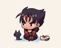  1boy belt black_cat black_eyes black_hair black_pants bright_pupils calico cat chibi closed_mouth gloves indian_style kazama_jin kotorai looking_to_the_side male_focus no_nose pants red_belt red_gloves signature simple_background sitting solo tekken thick_eyebrows v-shaped_eyebrows white_pupils 