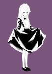  1girl absurdres apron clothes_lift dress full_body grand_summoners highres liza_(grand_summoners) long_hair long_sleeves maid maid_apron maid_headdress mary_janes monochrome puppuppa purple_background shoes simple_background skirt skirt_lift smug solo thick_eyebrows 