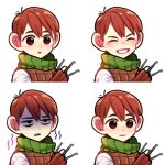  1boy ^_^ annoyed armor between_fingers brown_gloves chilchuck_tims closed_eyes closed_mouth dungeon_meshi gloves green_scarf halfling hand_up happy holding holding_stick korean_commentary leather_armor male_focus multiple_views mungzzi_pic open_mouth redhead scared scarf shirt short_hair simple_background smile stick surprised trembling variations white_background white_shirt 
