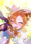  absurdres animal_ears blue_flower blue_rose blush carrot character_doll closed_mouth crown doll flower happy hat headpat highres horse_ears iwai_noutage nose_blush orange_hair party_hat phone rose smile stuffed_toy t.m._opera_o_(umamusume) tongue umamusume 