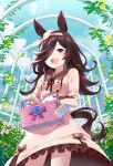  1girl ;d animal_ears basket brown_coat casual coat from_below hair_over_one_eye hairband holding holding_basket horse_ears horse_girl long_hair long_sleeves looking_at_viewer makurabe_shouma one_eye_closed rice_shower_(umamusume) smile solo twitter_username umamusume violet_eyes white_hairband 