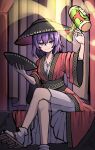  1girl absurdres allcy49 black_headwear bowl bowl_hat brown_footwear closed_mouth commentary_request crossed_legs full_body geta hat highres japanese_clothes kimono looking_at_viewer miracle_mallet purple_hair red_kimono sitting smile socks solo sukuna_shinmyoumaru touhou violet_eyes white_socks 