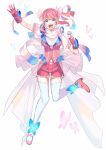  1girl absurdres arm_up butterfly_hair_ornament ebippoid full_body gloves hair_ornament hair_ribbon high_heels highres holding holding_microphone looking_at_viewer microphone open_mouth personification pink_footwear pink_gloves pink_hair pink_shorts pokemon ribbon shorts side_ponytail solo sylveon thigh-highs tutu white_background white_thighhighs 