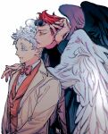  2boys angel aqua_eyes arm_up aziraphale_(good_omens) black_jacket black_wings bow bowtie buttons collared_shirt crowley_(good_omens) demon_boy dress_shirt feathered_wings fingernails goggles good_omens hand_on_another&#039;s_shoulder highres jacket lapels light_smile long_sleeves looking_afar looking_ahead male_focus messy_hair multiple_boys naotin3333 open_clothes open_jacket orange_vest parted_lips pink_bow pink_bowtie plaid plaid_bow plaid_bowtie redhead shirt short_hair simple_background suit_jacket traditional_bowtie upper_body vest waistcoat white_background white_hair white_shirt white_wings wings yellow_eyes yellow_jacket 
