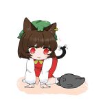 1girl :3 afterimage all_fours animal_ear_piercing animal_ears brown_hair cat_ears cat_tail chen dress earrings full_body green_headwear hat highres jewelry kurotaro looking_at_animal mob_cap no_shoes red_dress red_eyes short_hair simple_background single_earring sitting sleeping socks solo tail tail_wagging touhou wariza white_background 