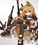  1girl amonitto animal_ears arknights axe belt black_dress blonde_hair boots breasts brown_footwear brown_hair brown_thighhighs can ceobe_(arknights) closed_mouth coat dress drink_can holding holding_can knees_up long_hair looking_at_viewer off_shoulder open_clothes open_coat planted planted_sword red_eyes shadow short_dress sitting small_breasts soda_can solo sword tail thigh-highs thigh_boots very_long_hair weapon 